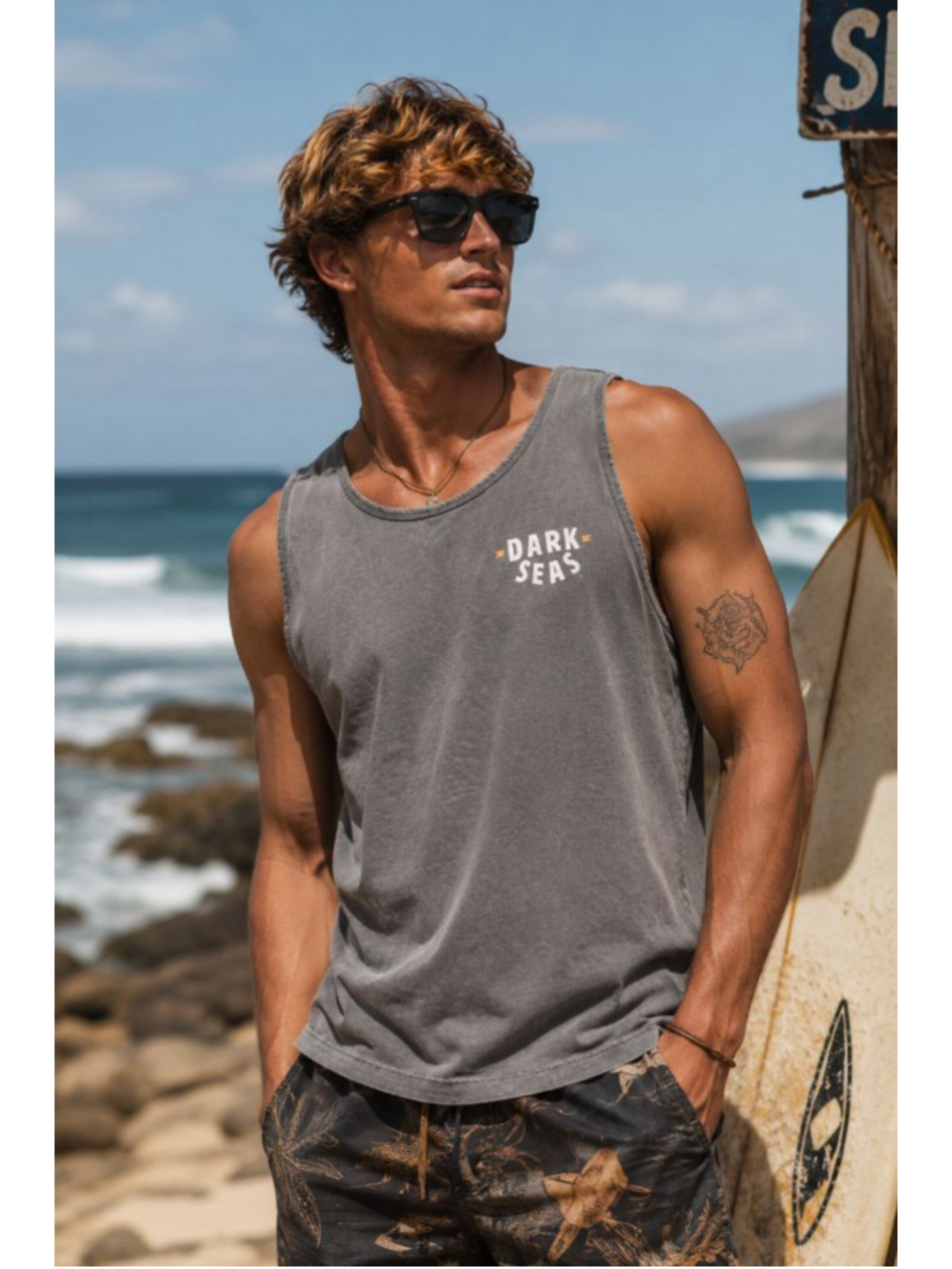 Dark Seas | Waterway Tank Top L Gray Orange Surfwear Graphic - Picture 1 of 8